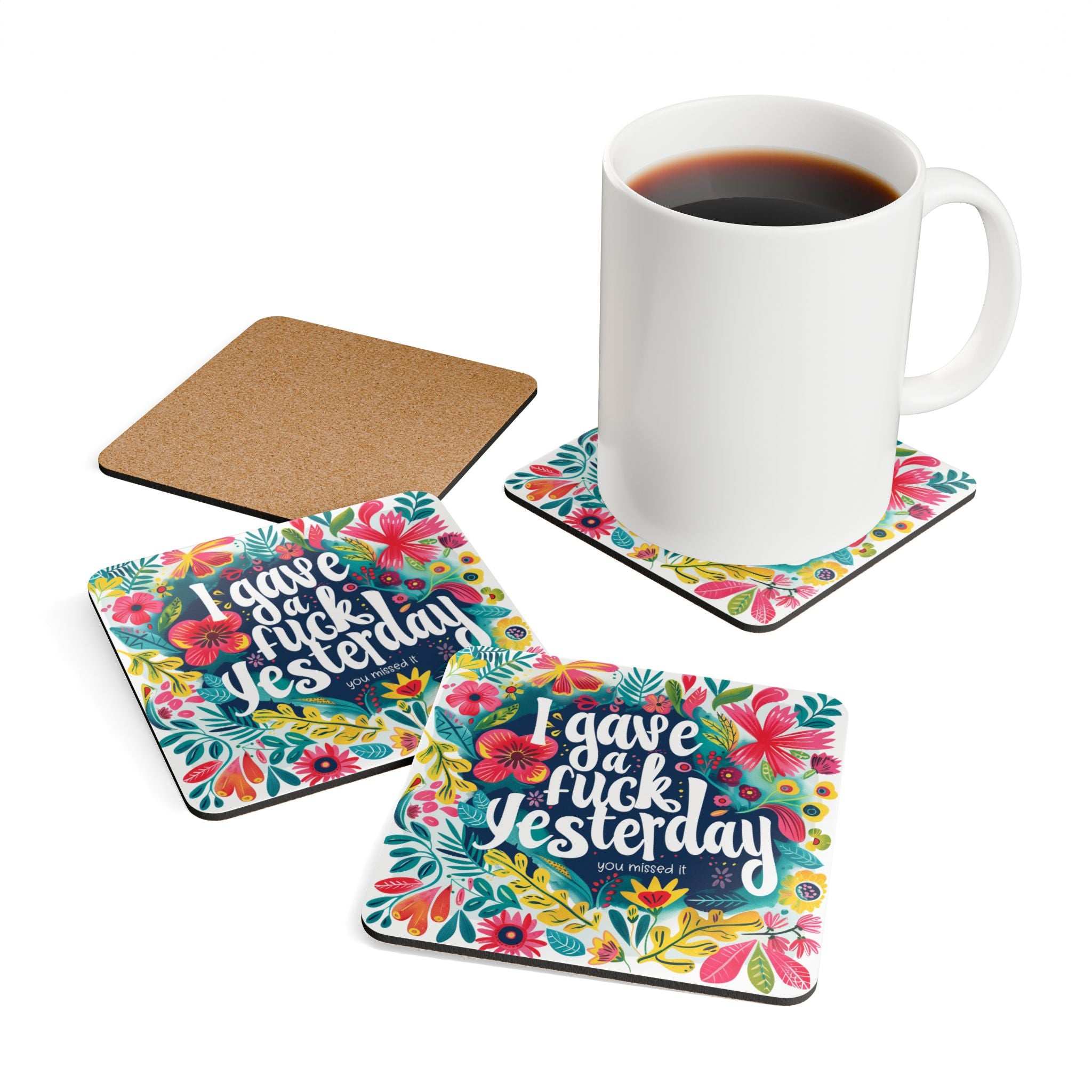 Cheeky "I Gave A Fuck Yesterday" coaster set with colorful design and cork backing.