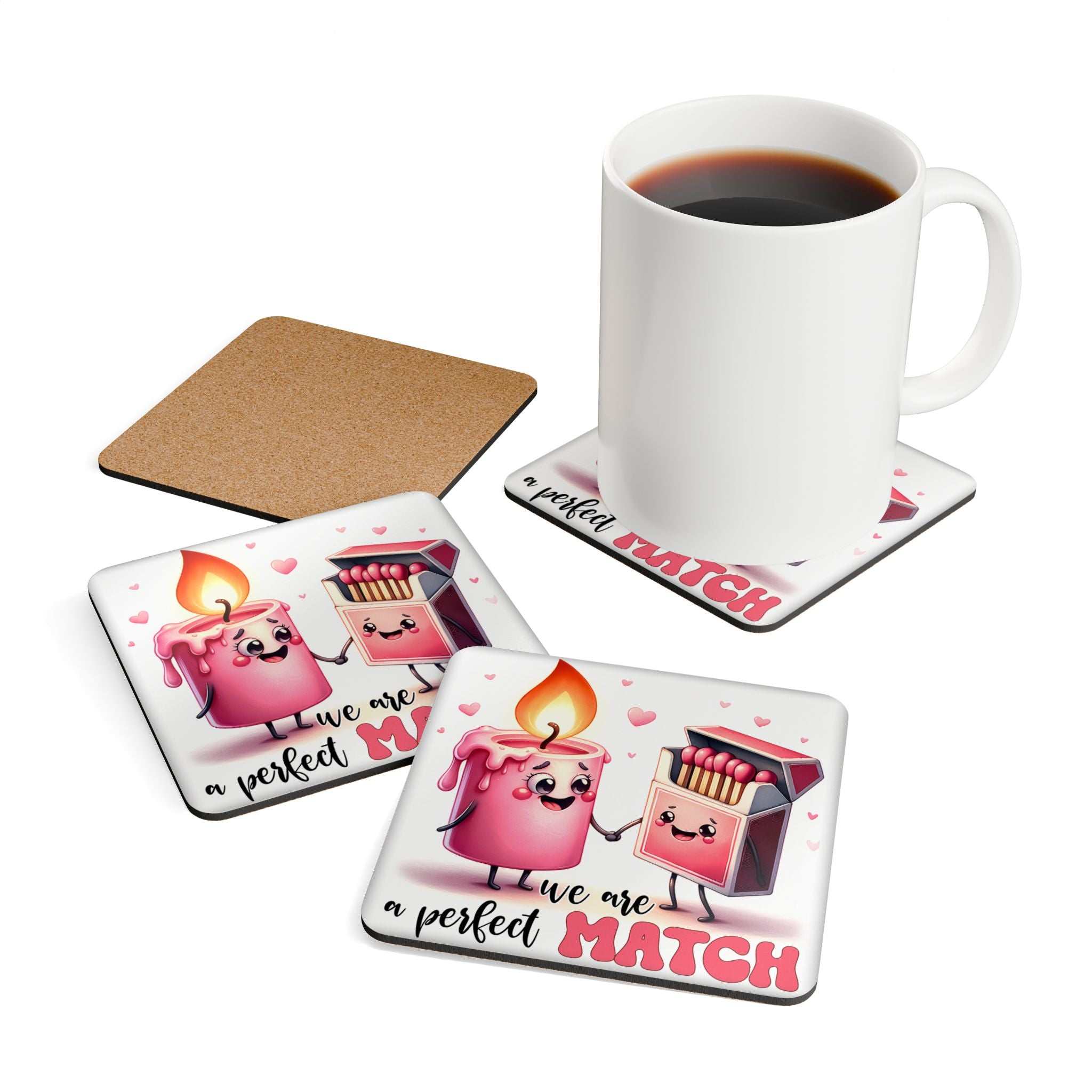 A Perfect Match Coaster Set with high-gloss MDF top and cork back, featuring a playful design.