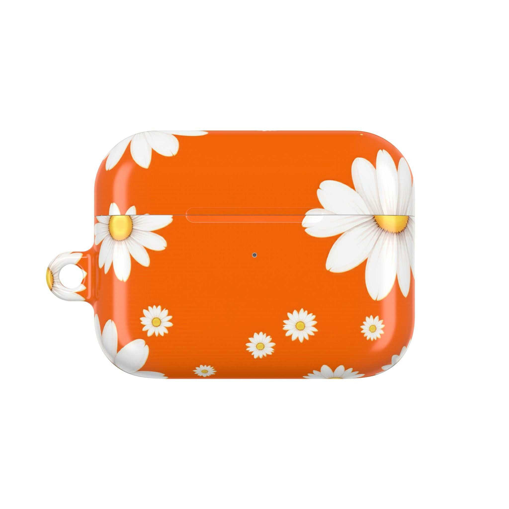 Orange Daises AirPods hard shell protective case with daisy design and glossy finish
