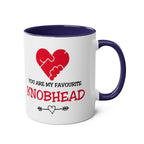Funny "My Favourite Knobhead" mug with red heart design, blue rim and handle, perfect Valentine’s Day gift.