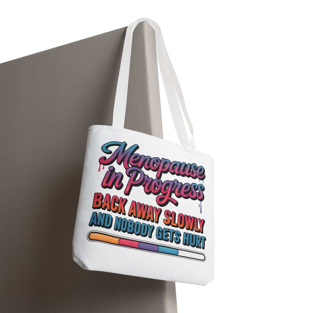 Cheeky Menopause in Progress tote bag with durable spun polyester, multiple sizes and handle colors, perfect for daily use
