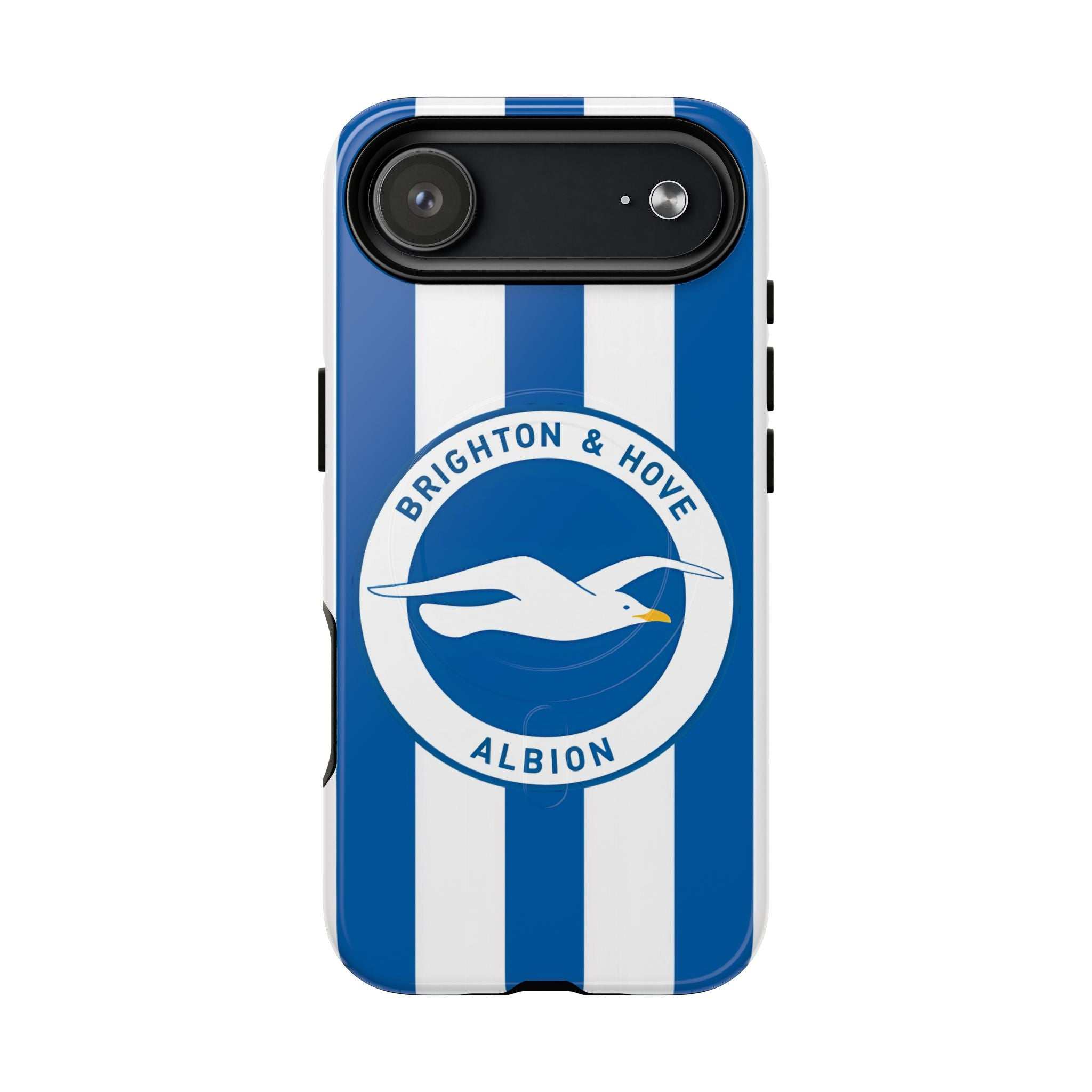 Brighton FC MagSafe iPhone case with blue and white stripes and seagulls crest, dual layer protection and MagSafe compatibility