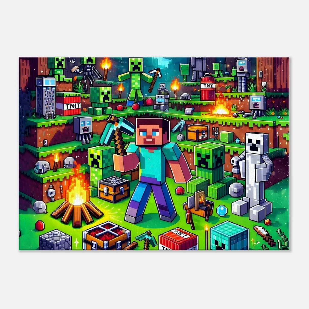Minecraft Wall Canvas featuring vibrant pixel art and iconic game scenes, available in multiple sizes and profiles.