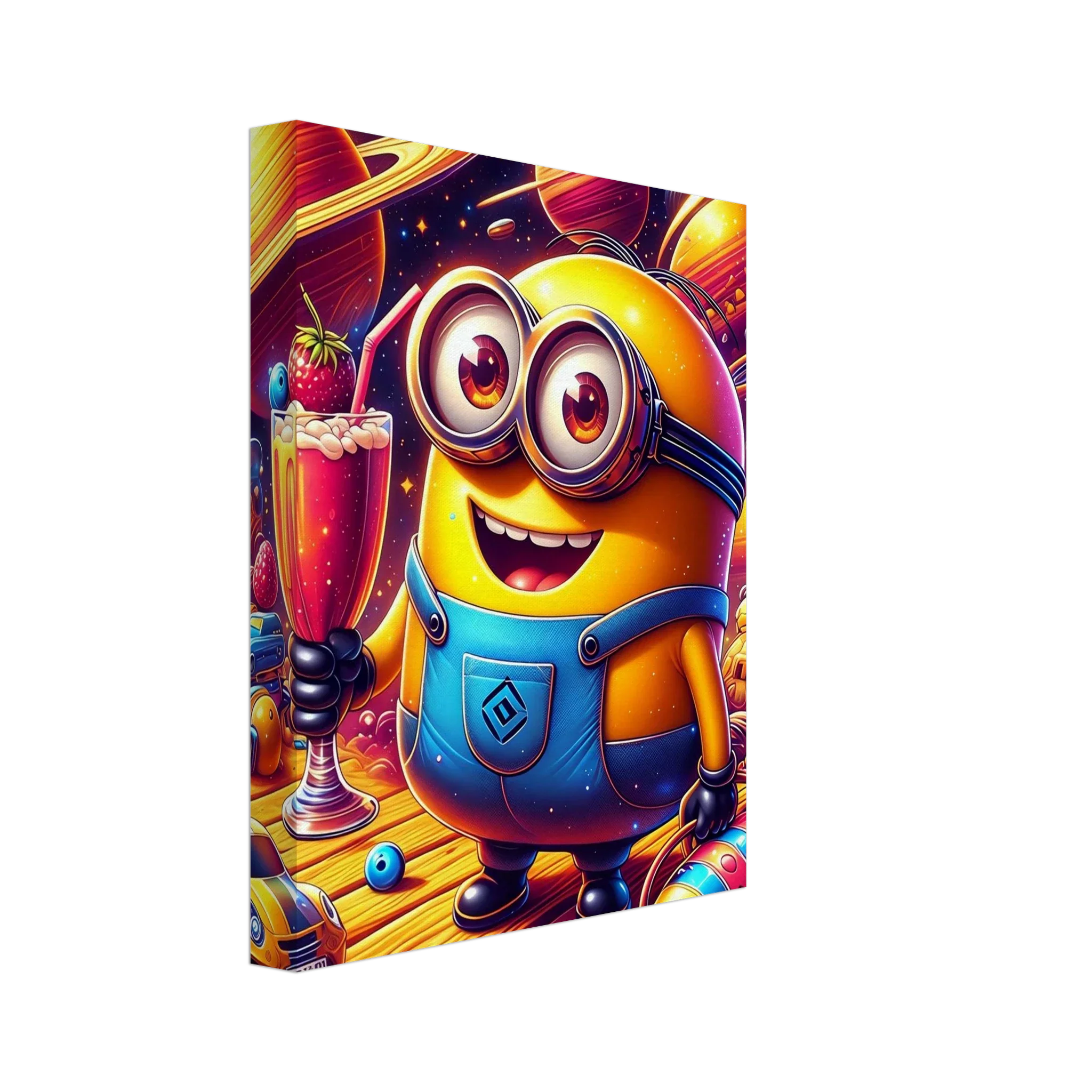 Minions Wall Canvas featuring vibrant yellow character with colorful background.