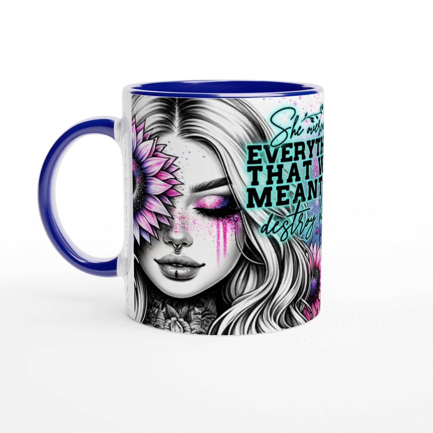 Motivational coffee mug with "She Overcame Everything" quote, colorful floral design, 11oz ceramic, glossy finish, blue rim.