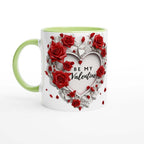 Stunning Valentines Day Mug with heart and roses design, 11oz ceramic, glossy white with colored accents, perfect gift.