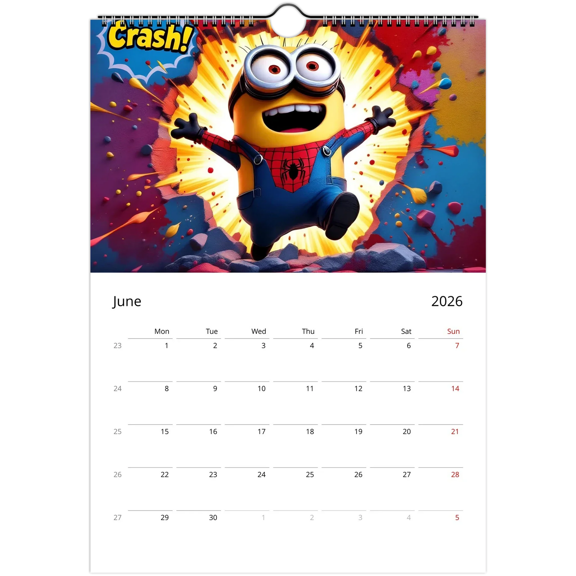 2026 Minions Superhero Wall Calendar with vibrant illustrations and large date squares