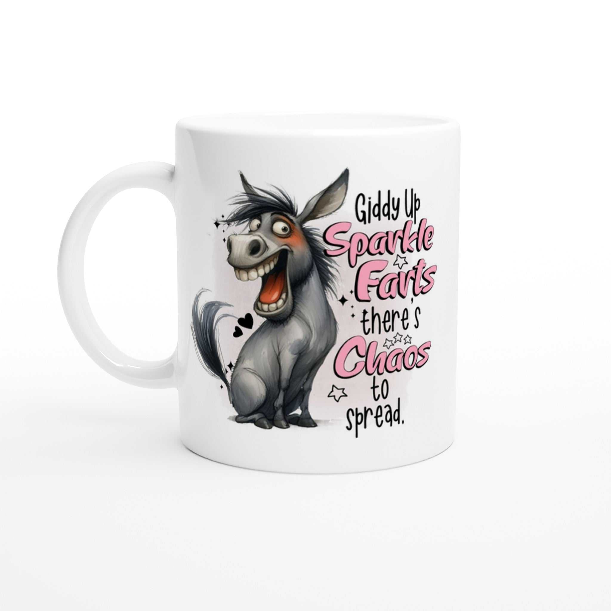 Giddy Up Sparkle Farts Quirky Ceramic Mug with playful donkey design, 11oz, colorful rim and handle.