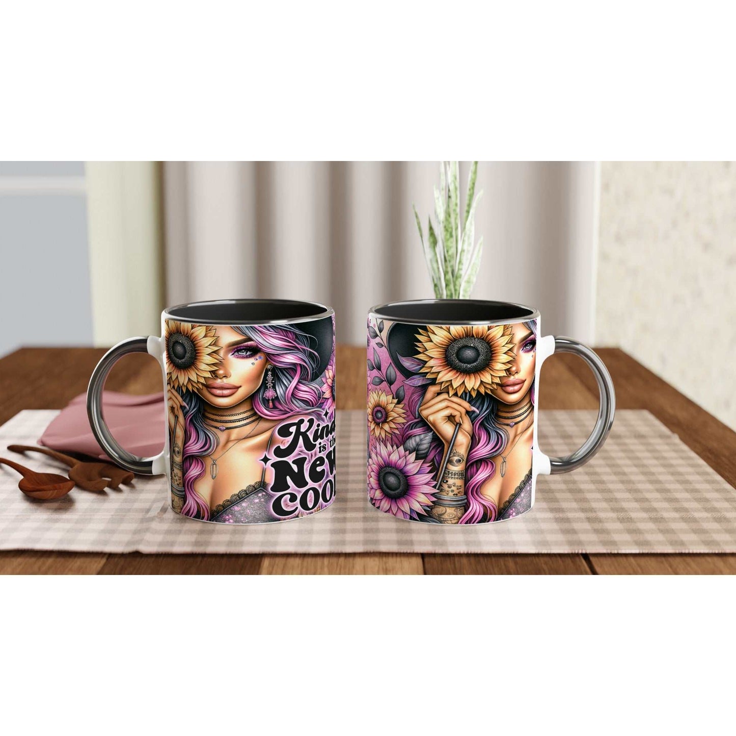 Kind Is The New Cool motivational coffee mug with colorful design, 11oz ceramic, ideal for hot beverages, microwave and dishwasher safe.