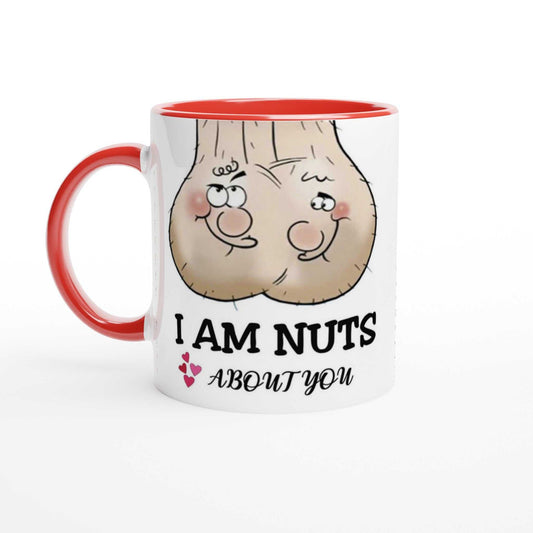 Cheeky Fun Mug with humorous "I Am Nuts About You" design; 11oz ceramic, red accents.