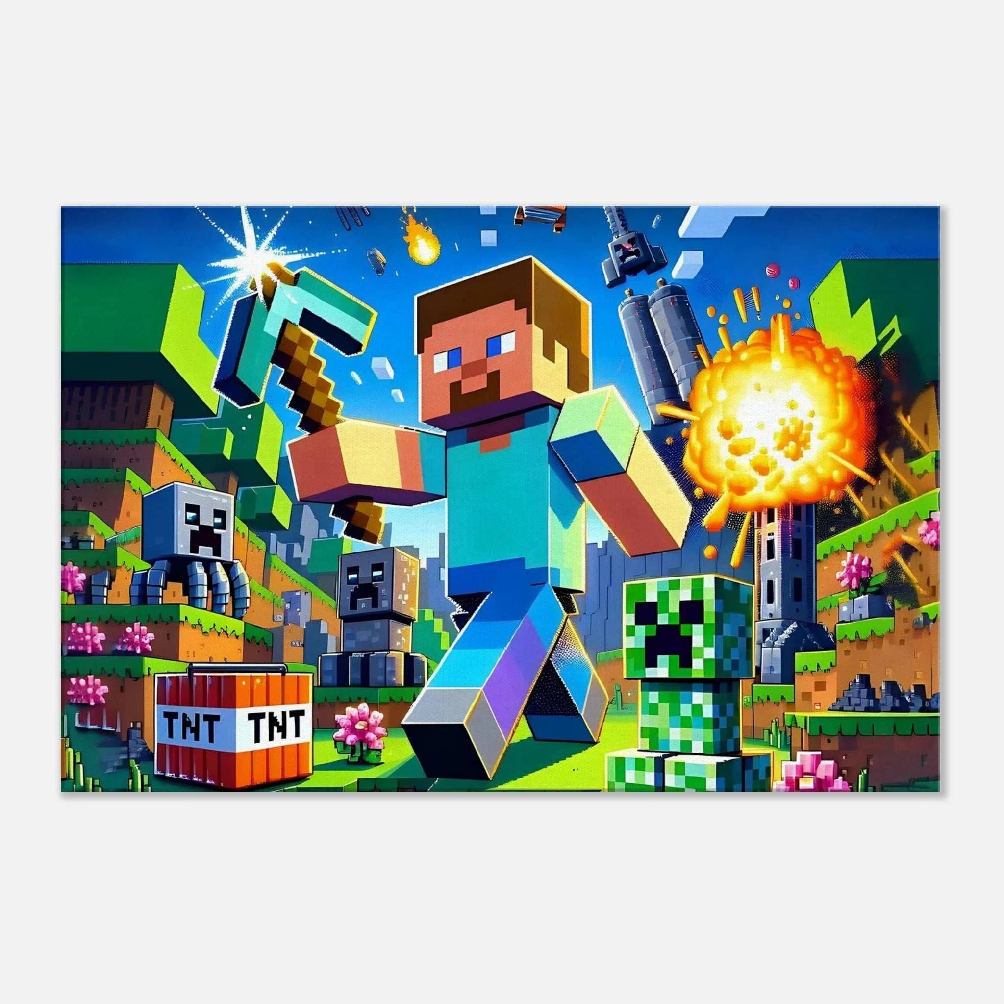 Vibrant Minecraft wall canvas featuring iconic characters and elements in a pixelated adventure scene.
