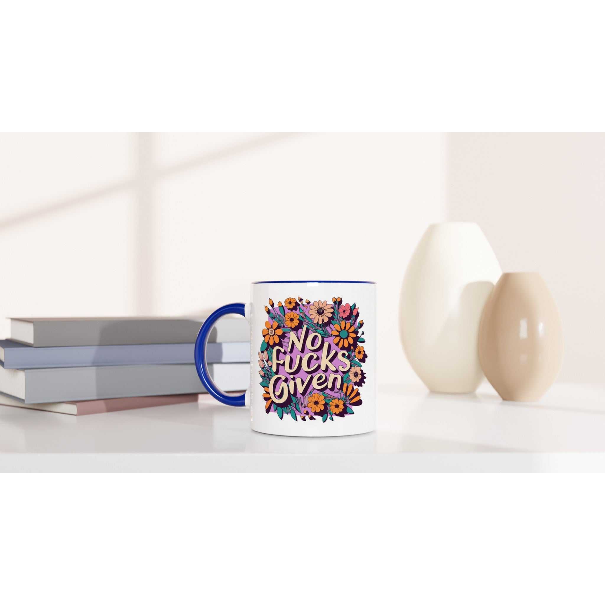 Fun Mug with colorful "No Fucks Given" design on a white ceramic base.