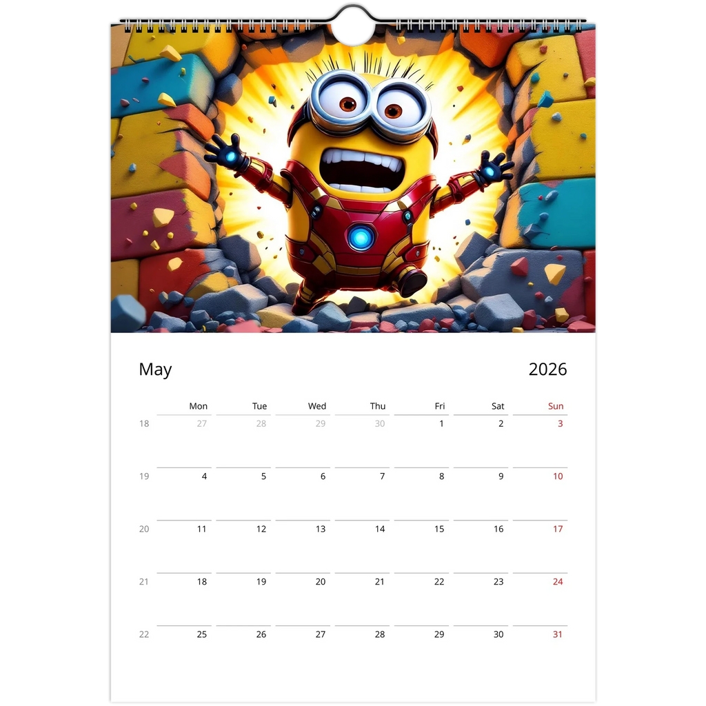 2026 Minions Superhero wall calendar featuring vibrant glossy pages and spiral binding with a superhero-themed Minion illustration for May
