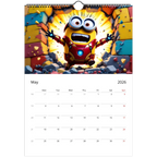 2026 Minions Superhero wall calendar featuring vibrant glossy pages and spiral binding with a superhero-themed Minion illustration for May