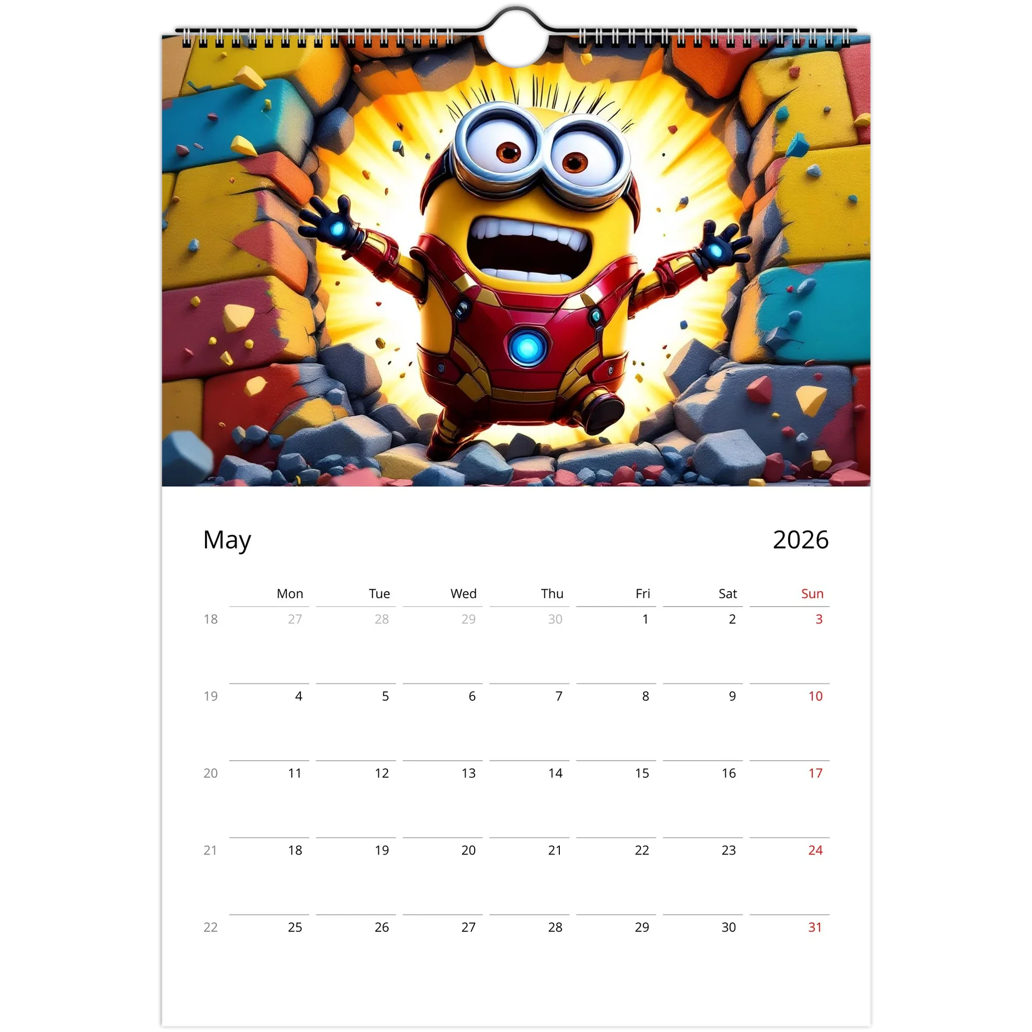 2026 Minions Superhero wall calendar featuring vibrant glossy pages and spiral binding with a superhero-themed Minion illustration for May