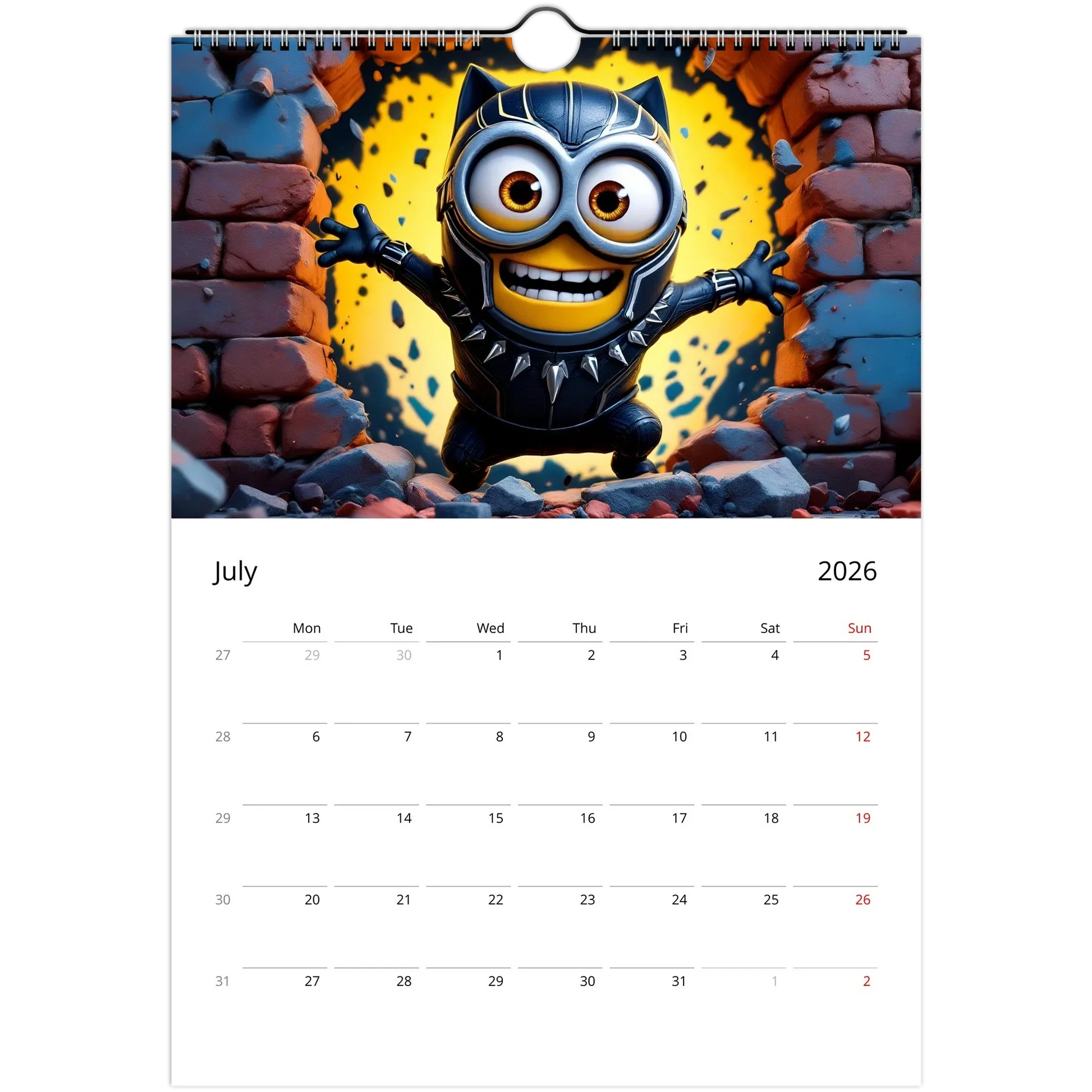 2026 Minions Superhero Wall Calendar July page featuring Minion in black superhero costume bursting through a brick wall, with large date squares and spiral binding
