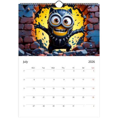 2026 Minions Superhero Wall Calendar July page featuring Minion in black superhero costume bursting through a brick wall, with large date squares and spiral binding