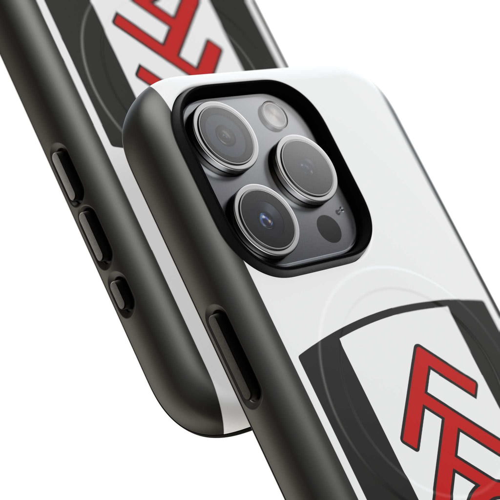 Fulham FC MagSafe iPhone case with black and white design, dual-layer protection, and MagSafe compatibility.