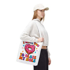 Glaze My Hole Donut Tote Bag with cheeky donut design and colorful handles, durable and reusable tote