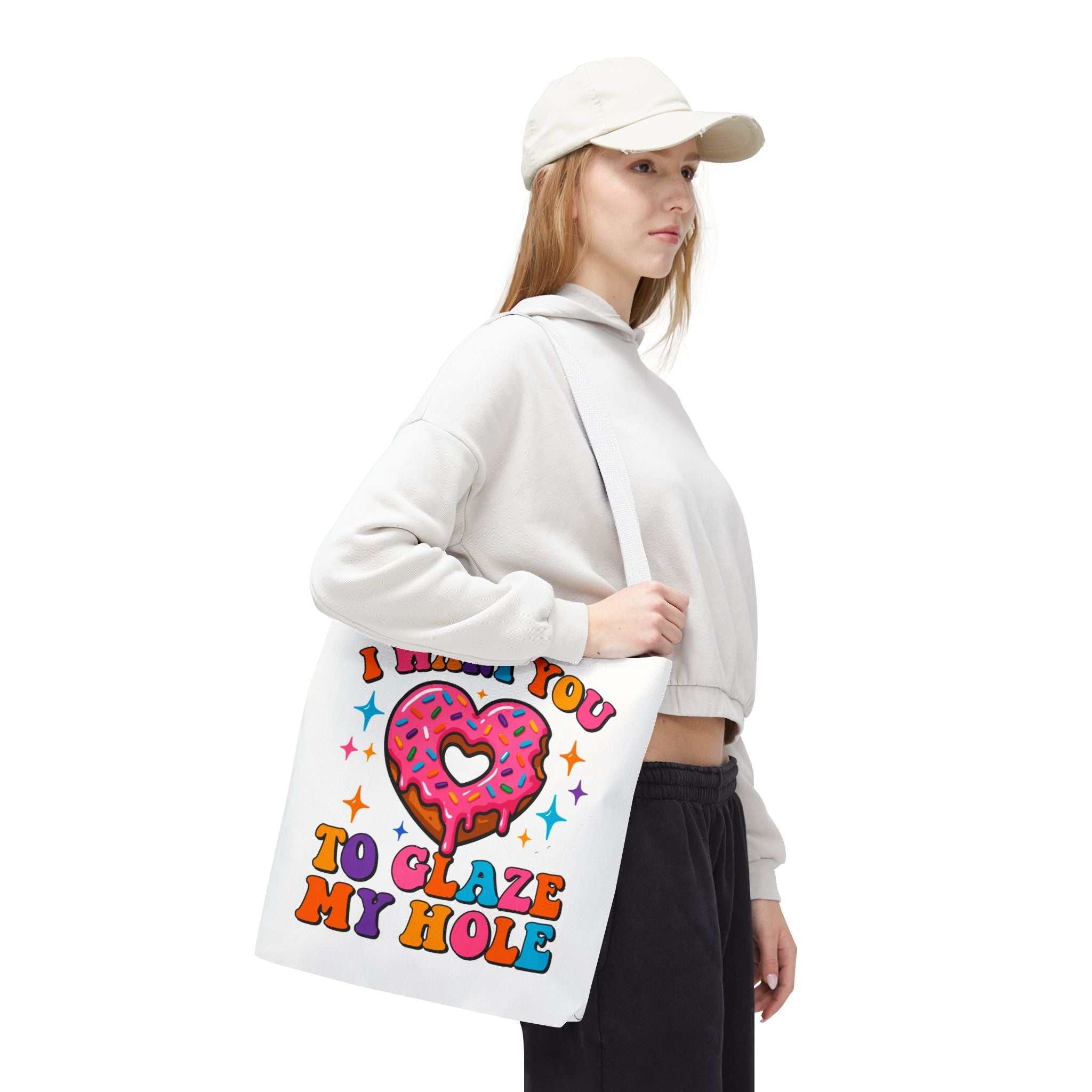 Glaze My Hole Donut Tote Bag with cheeky donut design and colorful handles, durable and reusable tote