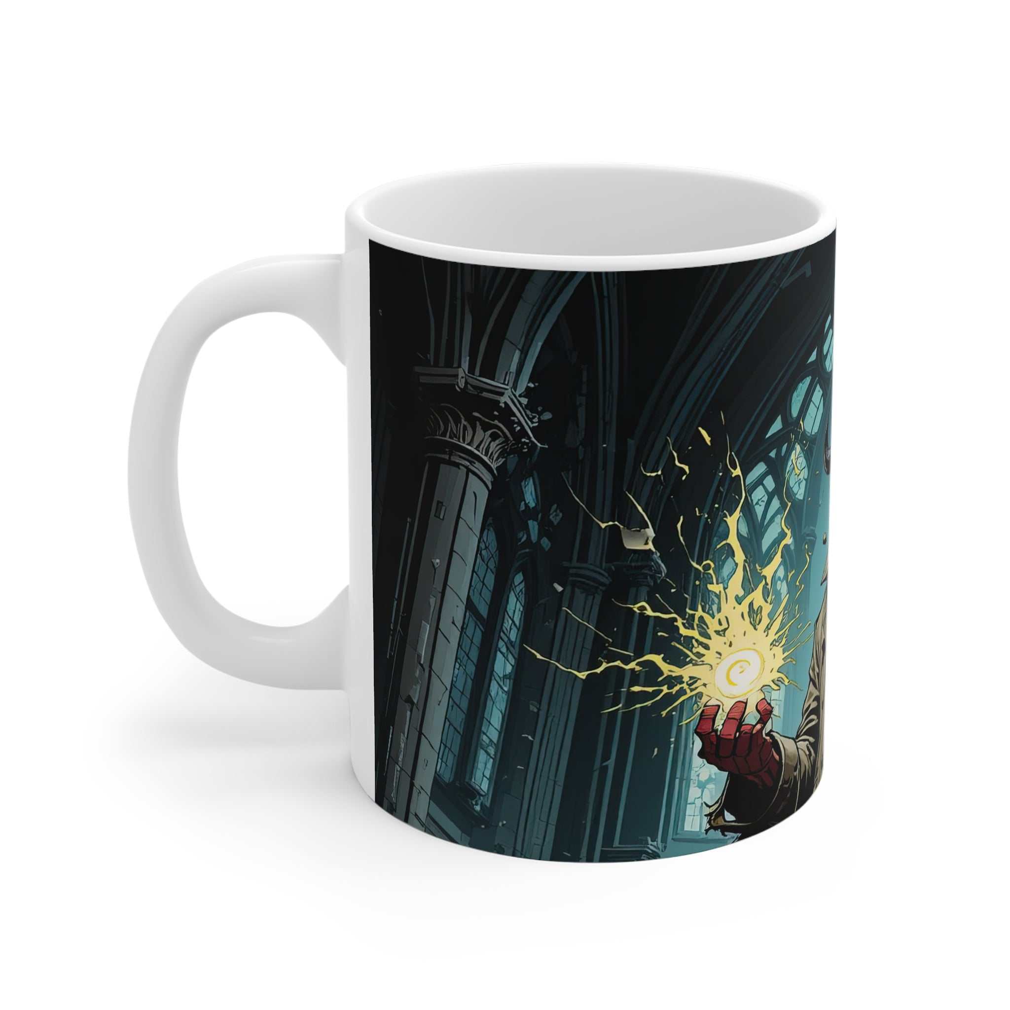 White ceramic Hellboy fantasy mug with a mystical design of a demon hero casting a glowing spell inside a gothic cathedral, 11oz, glossy finish