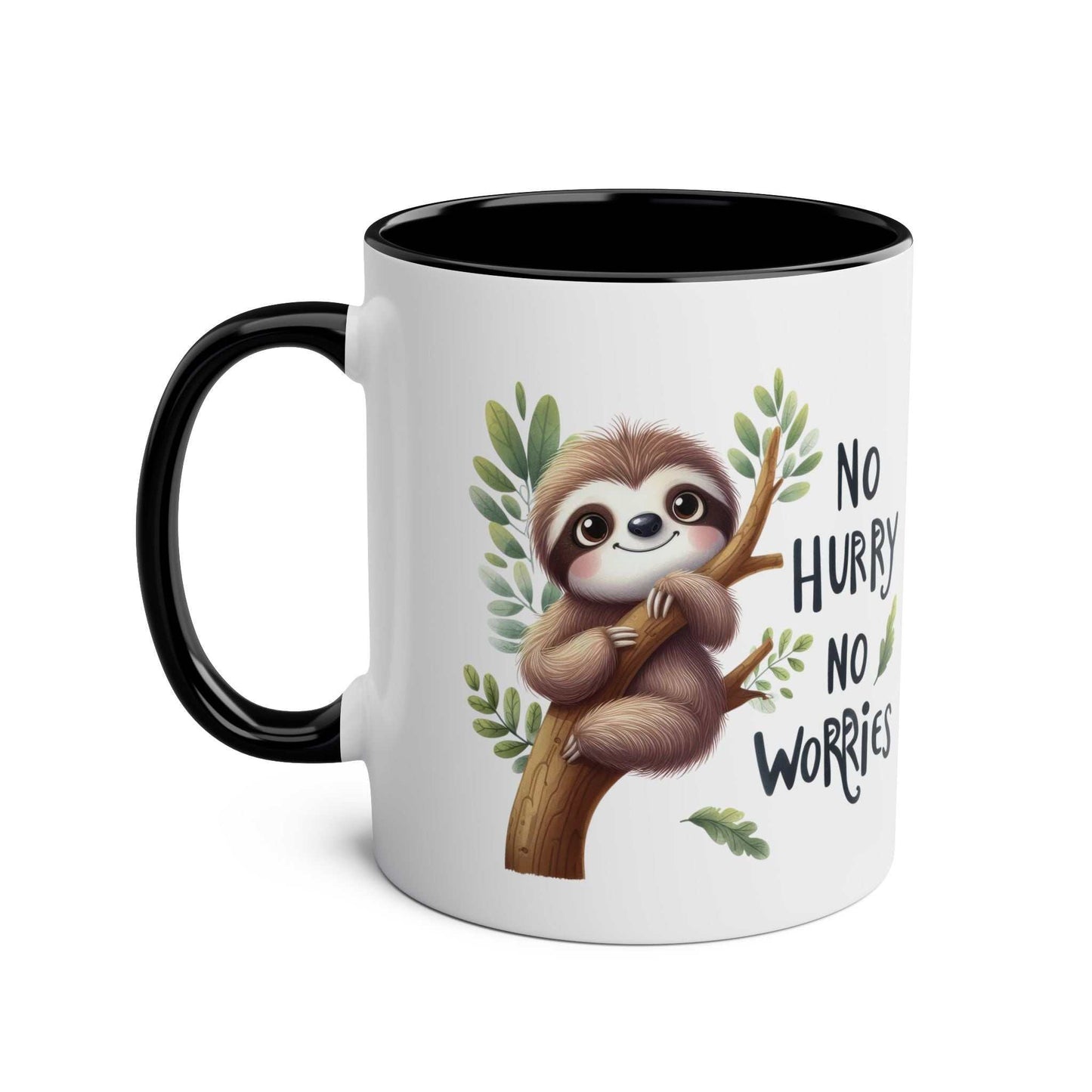 Cute sloth coffee mug with a whimsical design featuring a sloth and the text "No Hurry, No Worries."