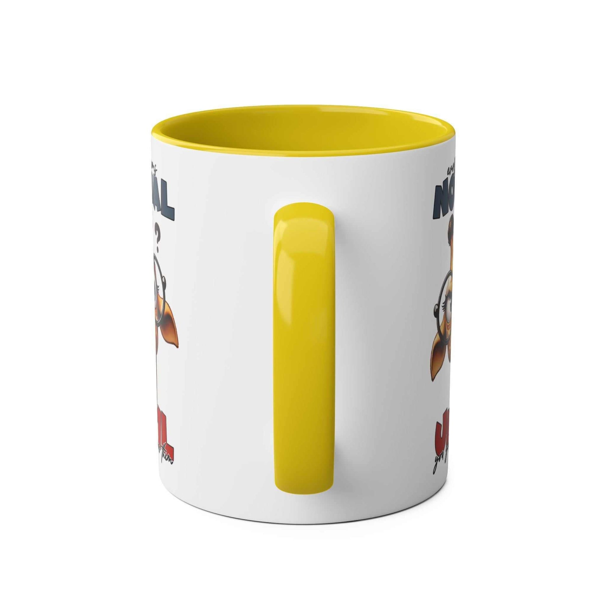 Everyones Normal Coffee Mug with playful giraffe design and yellow handle.