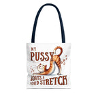 Fun stretching cat tote bag with cheeky design and colorful handles, lightweight and durable for everyday use