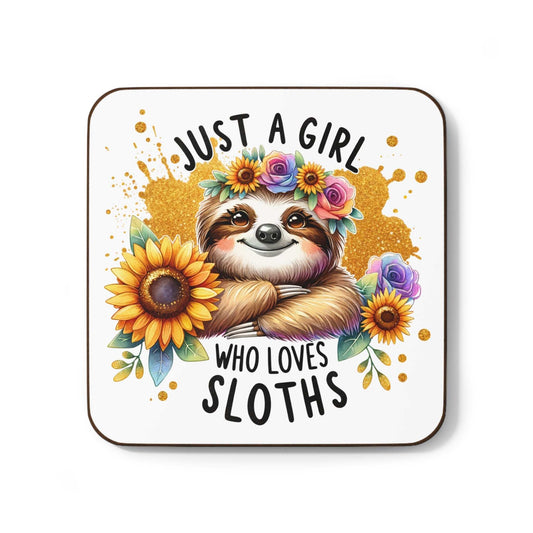 Cute sloth coaster with a colorful floral design saying "Just a girl who loves sloths," perfect for desks and coffee tables.