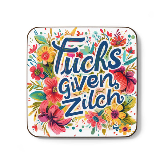 Bold and colorful 'Fucks Given Zilch' coaster with floral design, perfect for a fun coffee break.