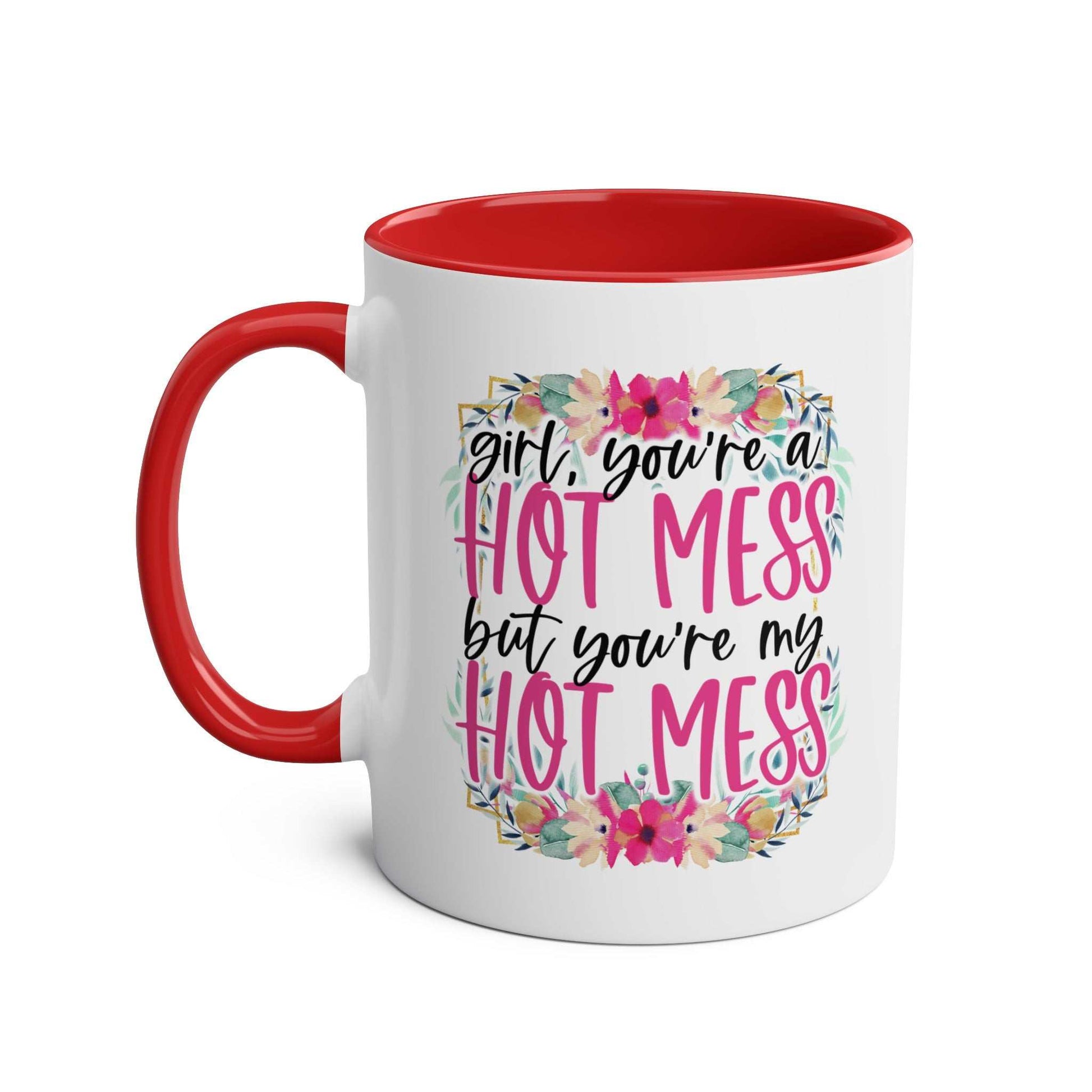 Hot Mess Coffee Mug with colorful floral design and red interior.