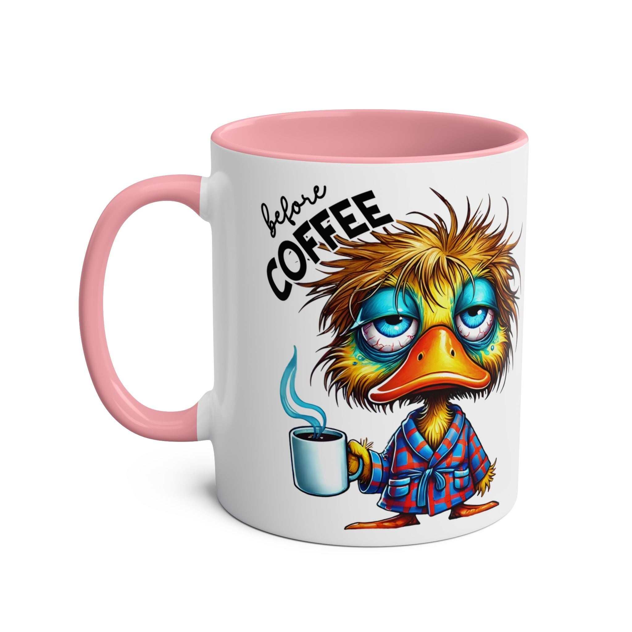 Fun Sarcastic Coffee Mug with humorous duck design, pink handle, and stylish glossy finish.