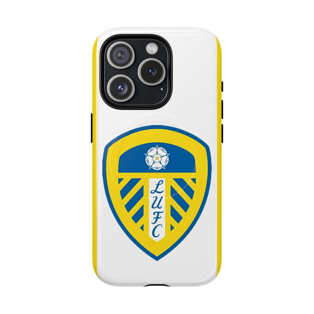 Leeds Utd MagSafe iPhone case with white and yellow team crest, dual-layer protection, and MagSafe compatibility