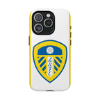 Leeds Utd MagSafe iPhone case with white and yellow team crest, dual-layer protection, and MagSafe compatibility