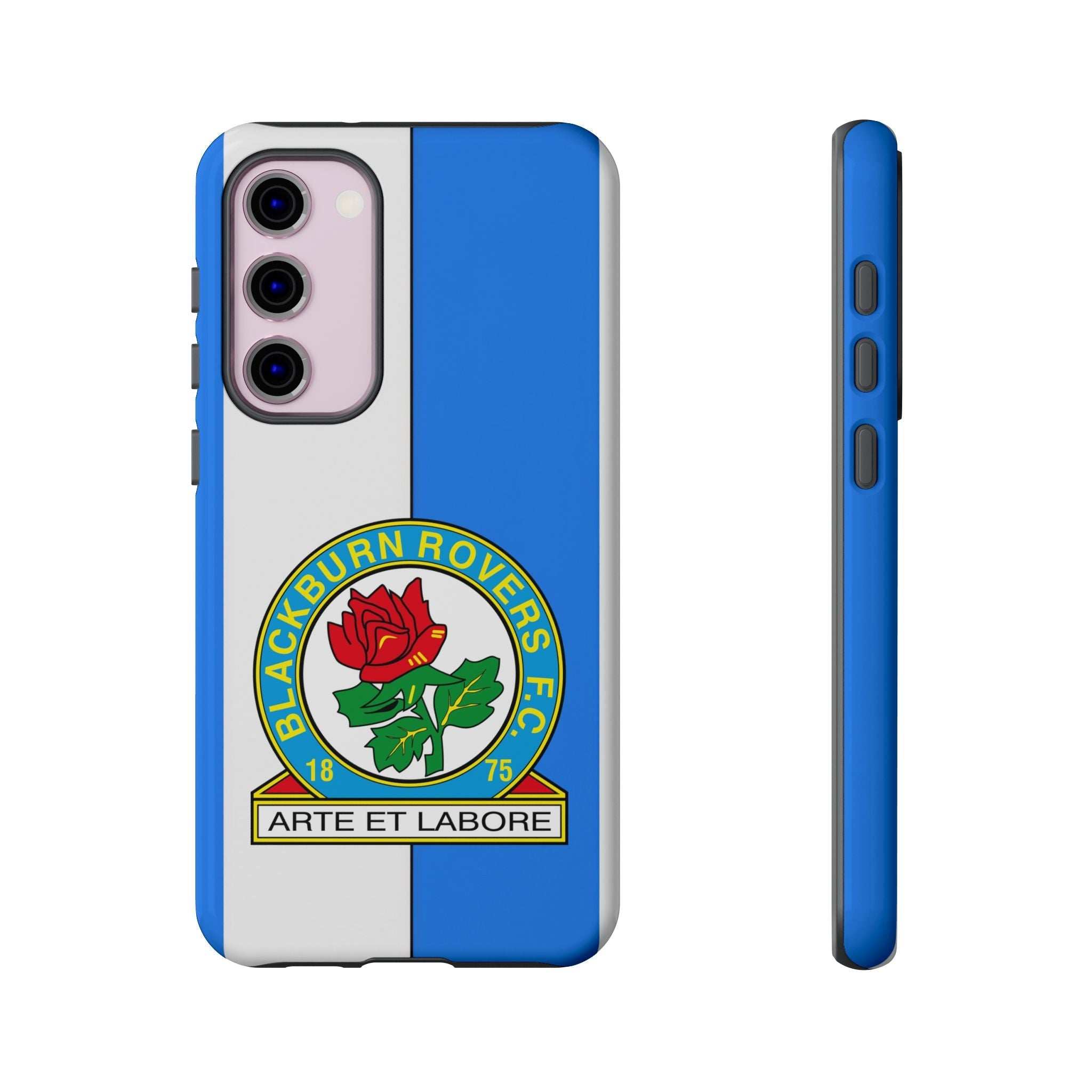 Blackburn Rovers blue and white Samsung phone case with magnetic dual layer protection and wireless charging support
