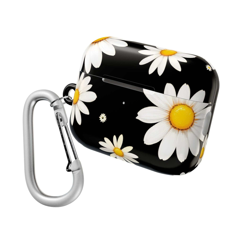 Black Daises AirPods protective case with daisy flower design and carabiner clip