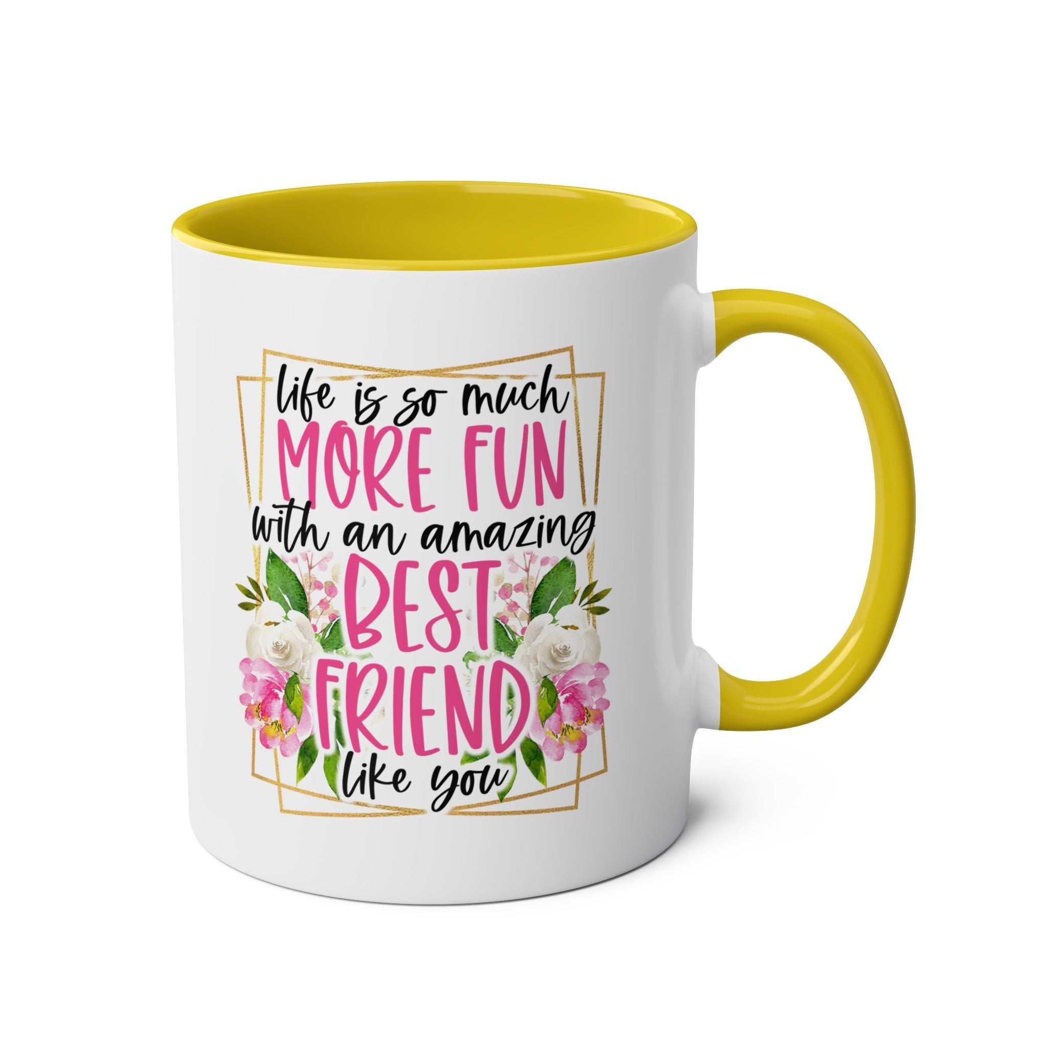 Amazing Friend Coffee Mug with fun design and yellow handle.