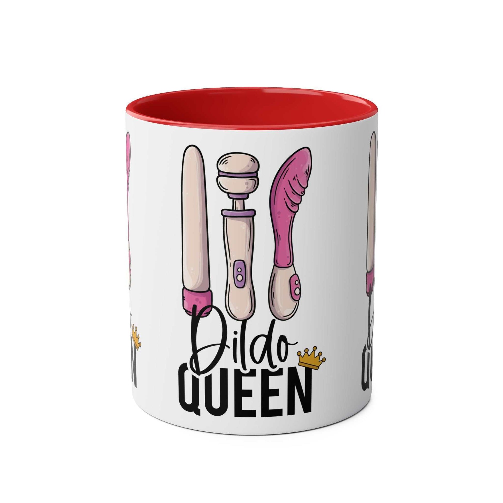 Dildo Queen Coffee Mug with playful design, 11oz ceramic, glossy finish.