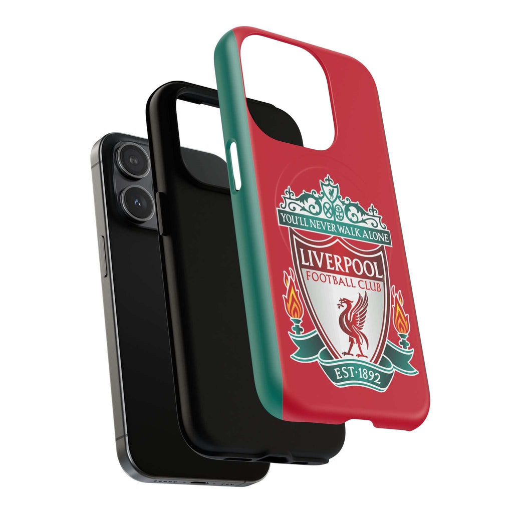 Liverpool FC MagSafe iPhone case with club crest, red and green dual-layer design, shock-absorbing TPU liner, and MagSafe compatibility for wireless charging.