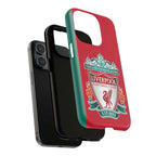Liverpool FC MagSafe iPhone case with club crest, red and green dual-layer design, shock-absorbing TPU liner, and MagSafe compatibility for wireless charging.