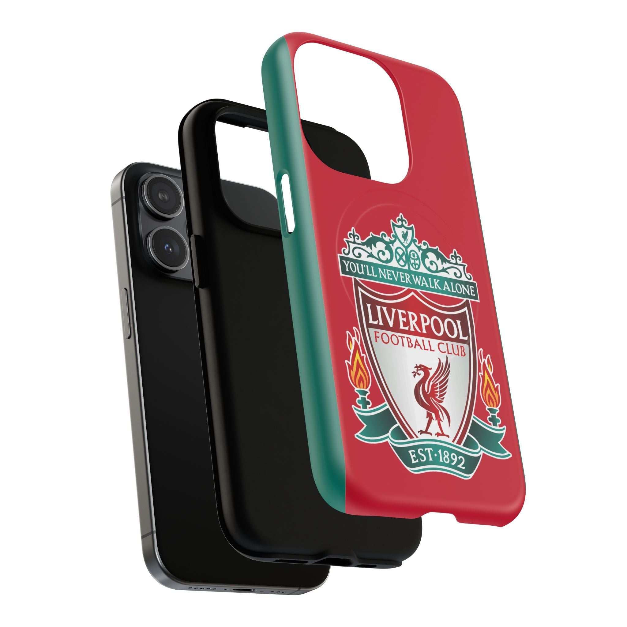 Liverpool FC MagSafe iPhone case with club crest, red and green dual-layer design, shock-absorbing TPU liner, and MagSafe compatibility for wireless charging.