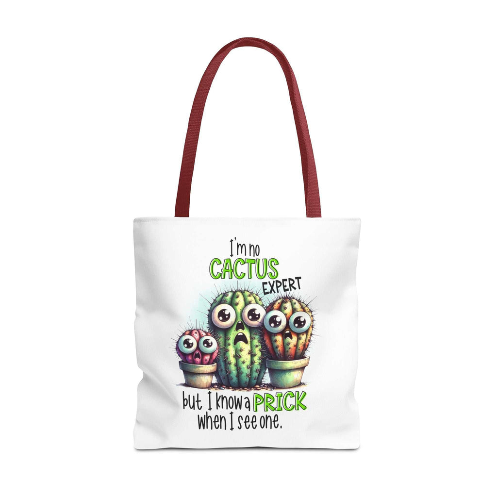 Fun cactus tote bag with cheeky design, available in three sizes and multiple handle colors, made of durable spun polyester