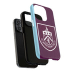 Burnley FC MagSafe iPhone case in claret and blue with club crest, dual-layer protective design, and MagSafe compatibility.