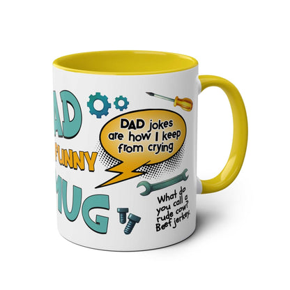 Fathers Day Gift Mug with humorous dad jokes and yellow interior.