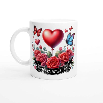 Valentines Day mug with heart and roses design, perfect gift.