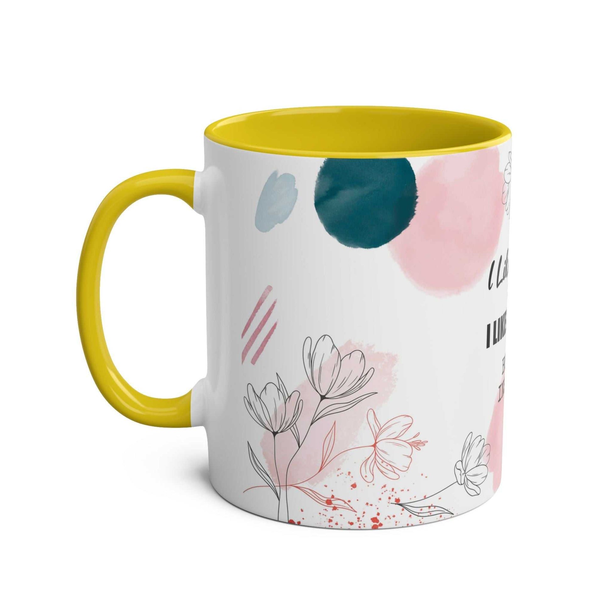 Cheeky Fun Valentines Mug with floral design, yellow interior, and handle.