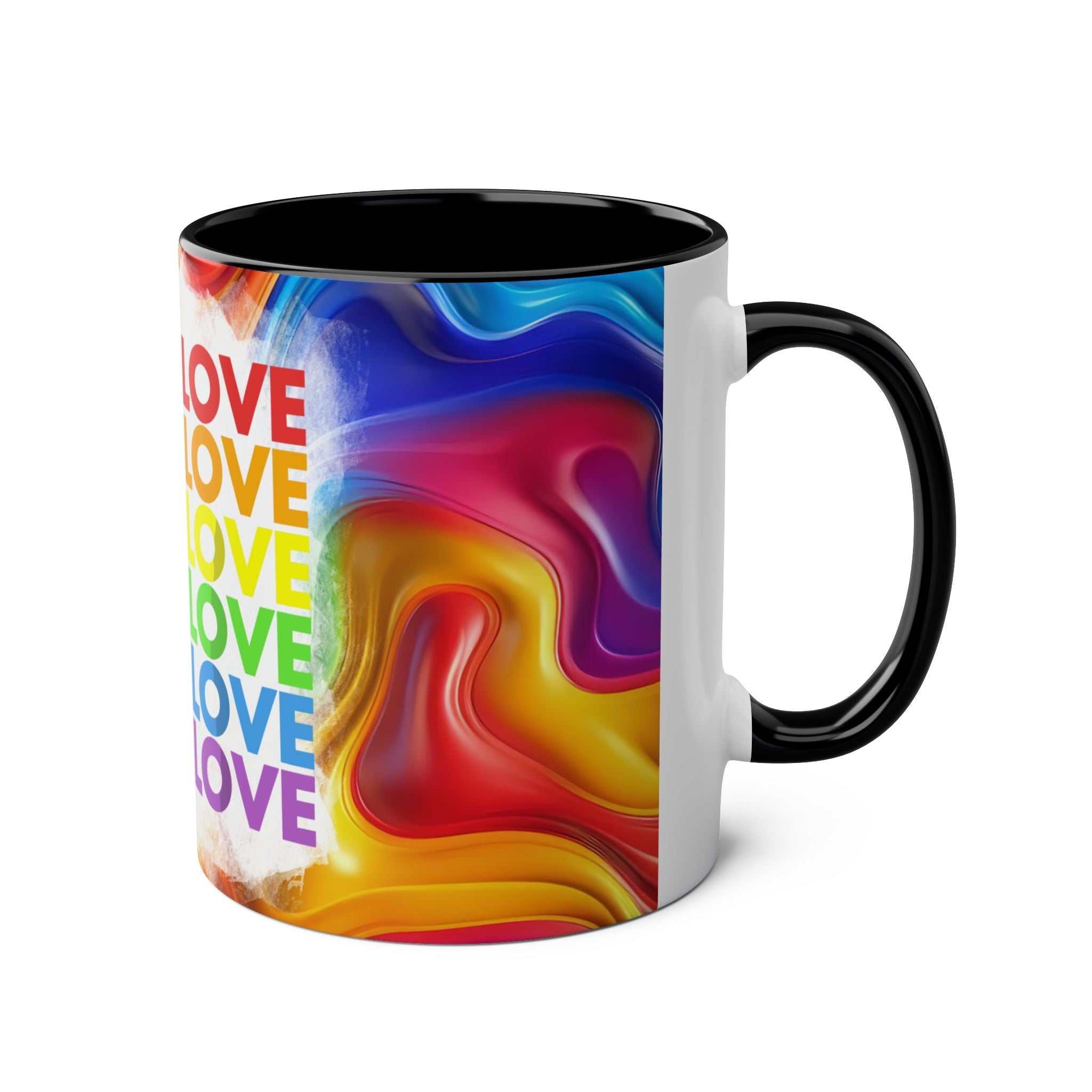 LGBTQ+ Pride Mug with vibrant rainbow design and "Love" text, ceramic, 11oz capacity, glossy finish.