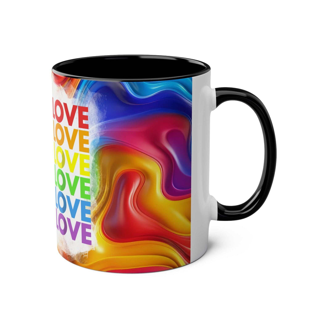 LGBTQ+ Pride mug with vibrant rainbow design and "LOVE" text.