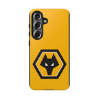 Wolves FC magnetic Samsung case in gold and black with dual-layer protection and wireless charging compatibility
