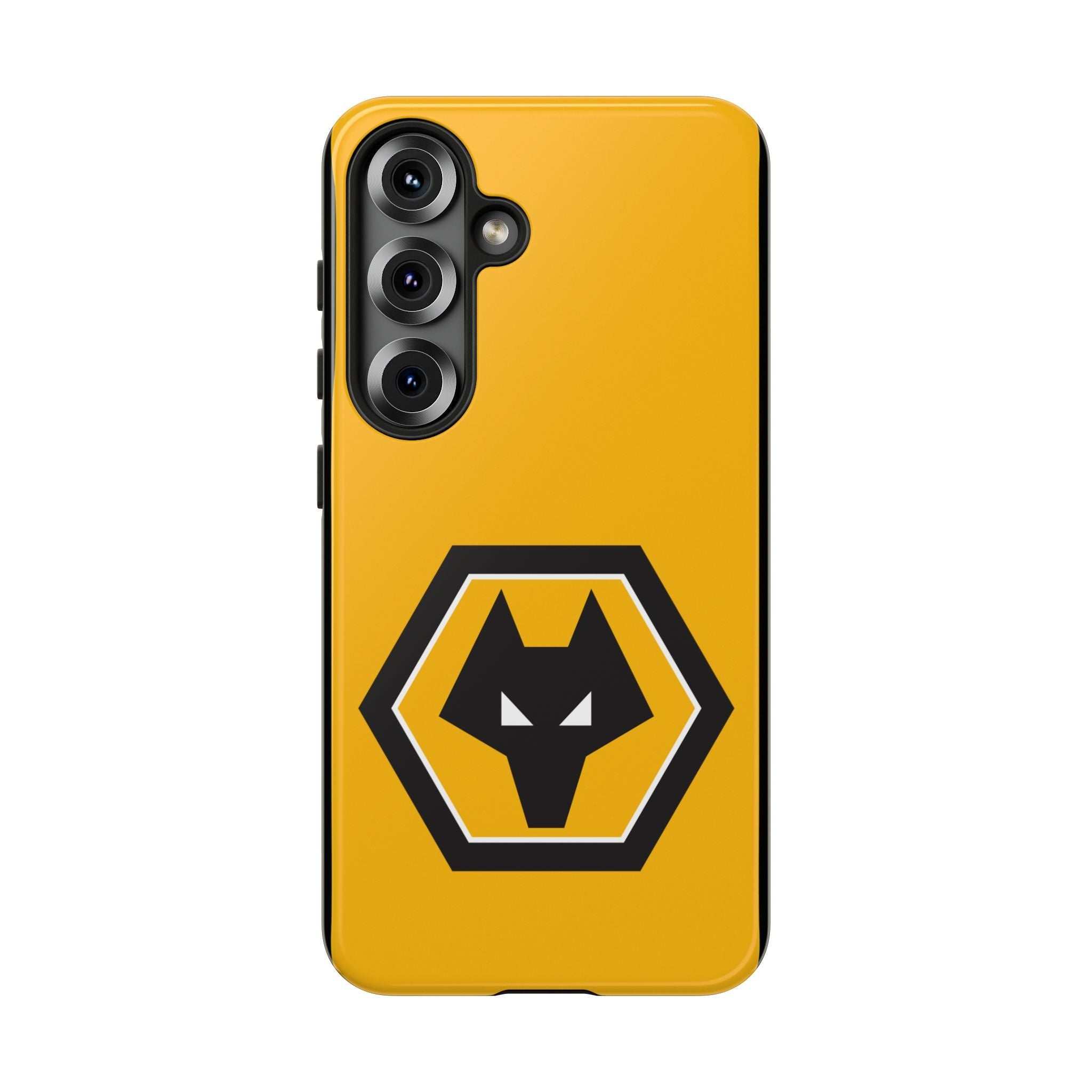 Wolves FC magnetic Samsung case in gold and black with dual-layer protection and wireless charging compatibility